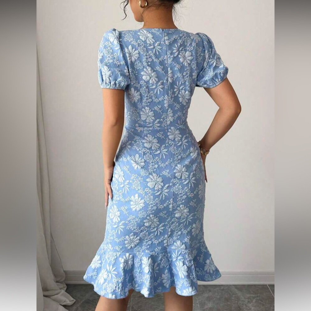 Blue Floral Ruffle-Hem Sheath Dress - Picture 3 of 5
